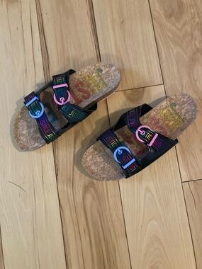 Justice Black Cork Footbed Sandals with Rainbow Accents
